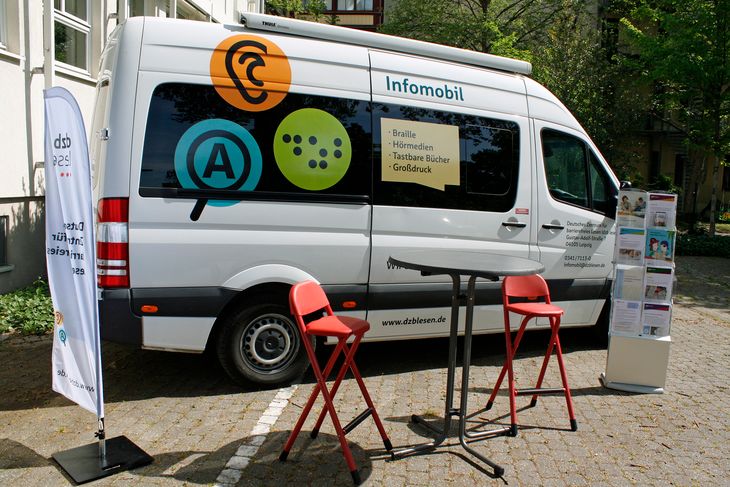 Weißer Mercedes-Sprinter, links Werbefahne, in der MItte Stehtisch mit zwei Hoch-Stühlen, rechts Flyer-Behälter