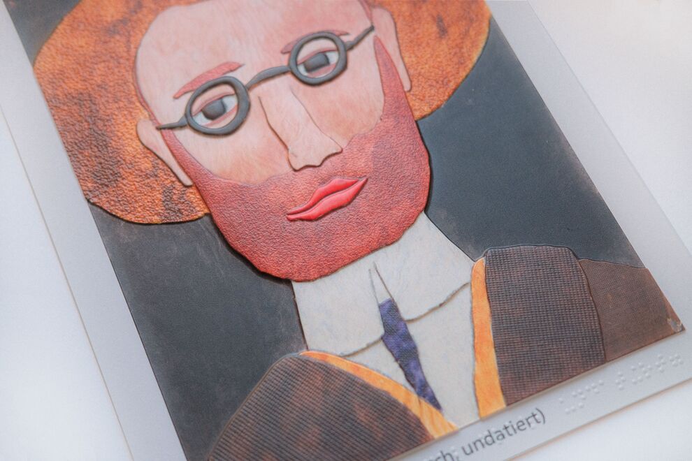Selbstporträt Paul Goesch (Mann mit buschigem Haar, Vollbart und Brille, weißem Hemd und Schlips)