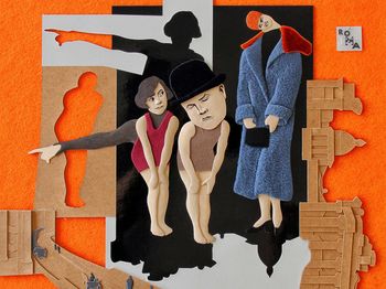 Frau und Mann mit Hut, größerer Mann mit Mantel, rechts vertikal Silhouette Roms